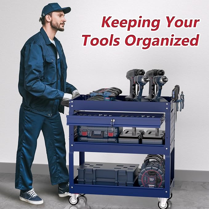 3 Tier Rolling Tool Cart on Wheels, Heavy Duty Service Cart Industrial Utility - Image 6
