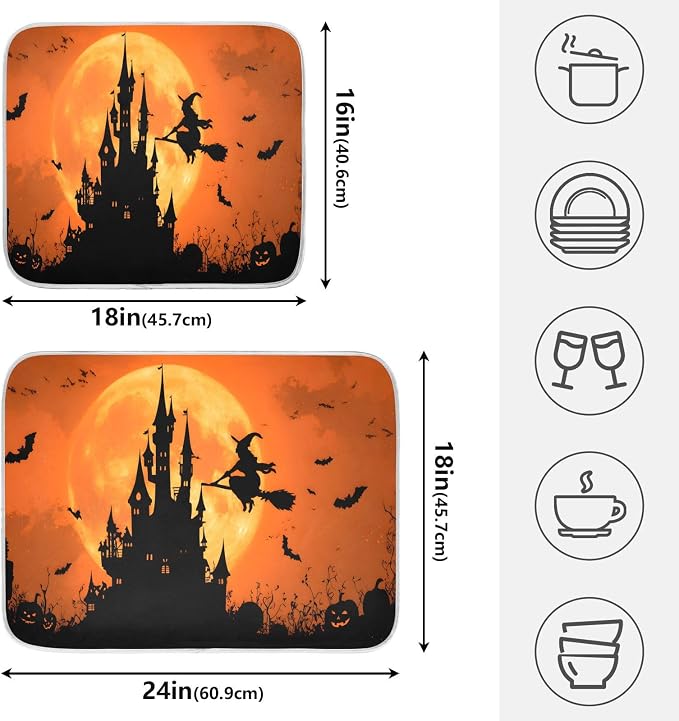 Halloween Witch Bat Castle Pumpkin Dish Drying Mat - Image 2
