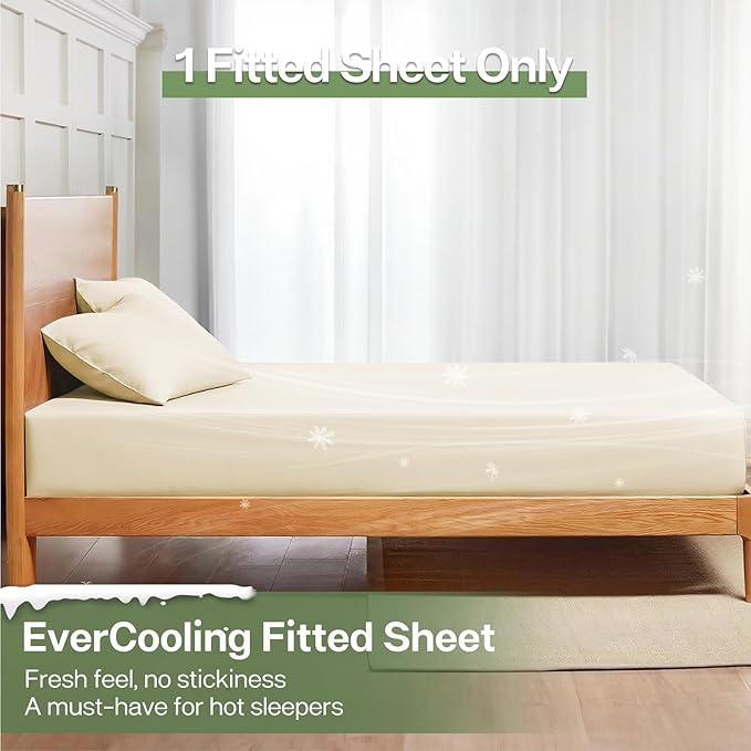MR&HM Twin XL Fitted Sheet Only, Ultra-Soft Rayon Derived from Bamboo & Polyester Blend, Silky & Breathable, 15" Deep Pocket with Elastic Straps, Cooling Fitted Sheet for Hot Sleepers, Cream
