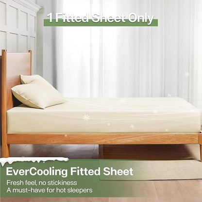 MR&HM Twin XL Fitted Sheet Only, Ultra-Soft Rayon Derived from Bamboo & Polyester Blend, Silky & Breathable, 15" Deep Pocket with Elastic Straps, Cooling Fitted Sheet for Hot Sleepers, Cream