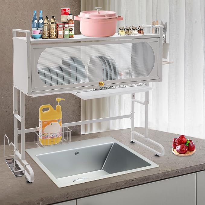 3 Tier Over The Sink Dish Drying Rack W/Clear Cabinet Door, Adjustable Dish - Image 4