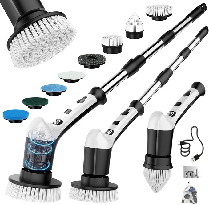Electric Spin Scrubber with 3 Speed, Adjustable Extension Handle, 8 Brush Heads by TUTOBL