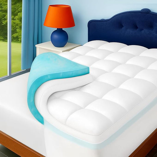 King Size Dual Layer 4 Inch Memory Foam Mattress Topper, 2 Inch Cooling Gel Infused Memory Foam and 2 Inch Airflow Down Alternative Pillow Top, 8-24 Inch Deep Pocket Bed Topper
