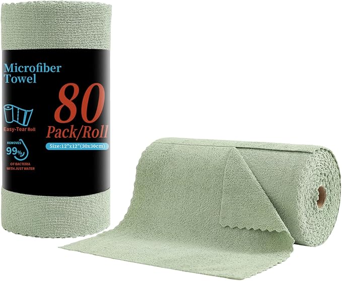 80 Pack Microfiber Cleaning Cloth Roll, Lint Free Rags & Tear Away Reusable by Tigona