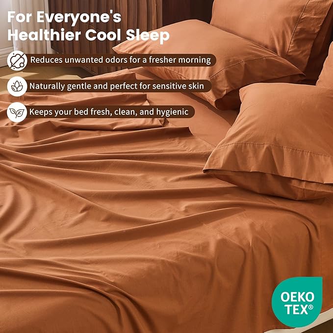 100% Linen Sheet Set Cal King Size Extra Deep Pocket Fits 18-24 Inch Mattress, Breathable & Soft, Smooth 6-Piece Set for Thick Mattresses Hotel Luxury Bedding（Cal King, Brown）