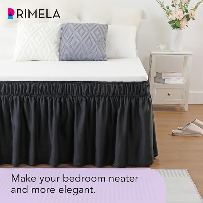RIMELA Bed Skirt Full Size Black Bed Skirt 25 Inch Drop, Wrap Around Elastic Adjustable Bedskirt, Dust Ruffle for Bed Frame & Box Spring Soft Durable Fabric Machine Washable Easy to Install