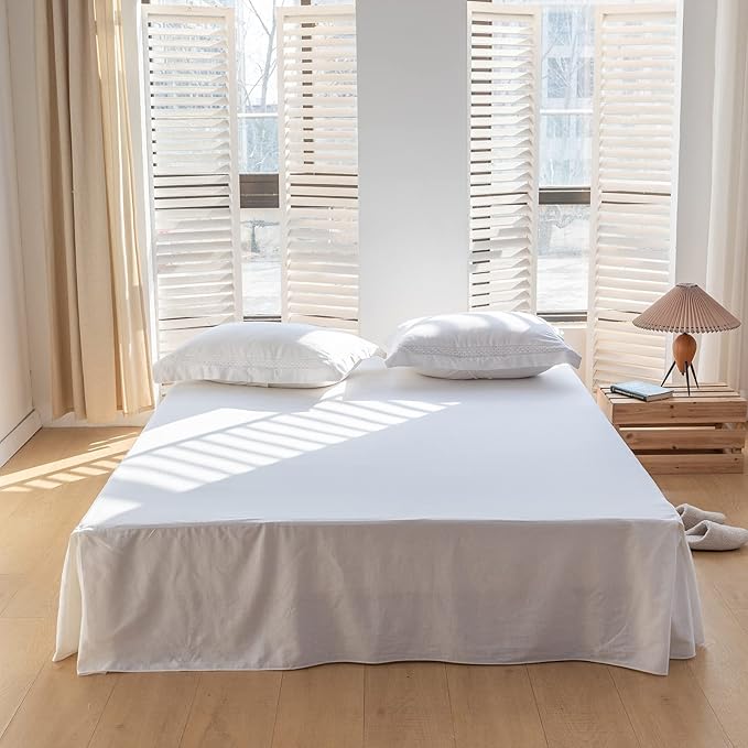 BISELINA French Linen Bed Skirt with Pleated Corner 14-Inch Tailored Drop Natural Flax Cotton Blend Basic Dust Ruffle Soft Cozy Farmhouse Bedding (14" Twin, Basic White)