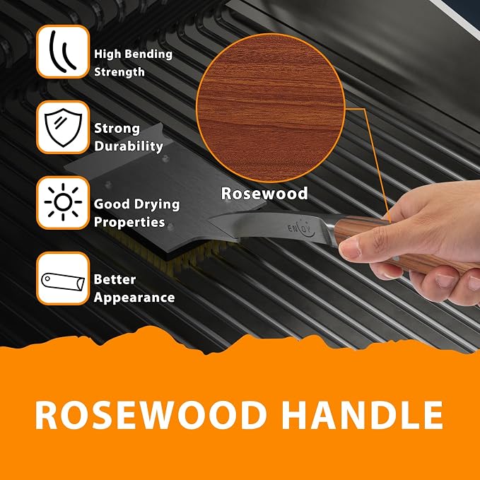 ENLOY Grill Brush and Scraper for Barbecue, Extended Rosewood Handle and 2 - Image 5
