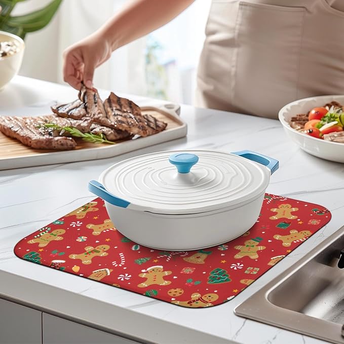 Christmas Kitchen Countertop Dish Drying Mat, Washable Absorbent Countertop - Image 4
