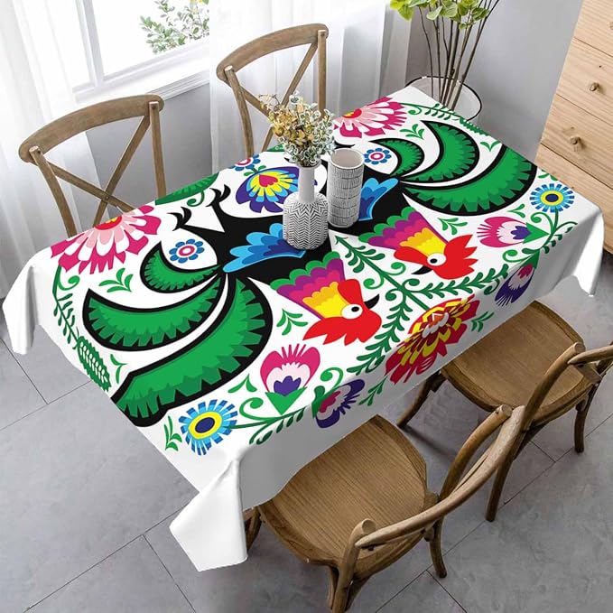 Rooster Table Cloth Rectangle Table Polish Folk Art Floral Leaves Flowers Cock by Unknown