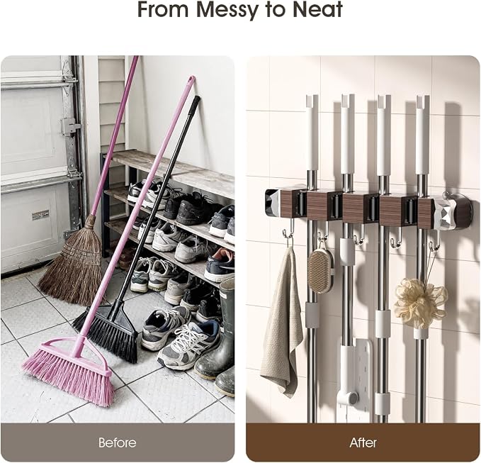 Suction Cup No Drilling Broom Holder Wall Mount, Walnut Color Mop Organizer - Image 4