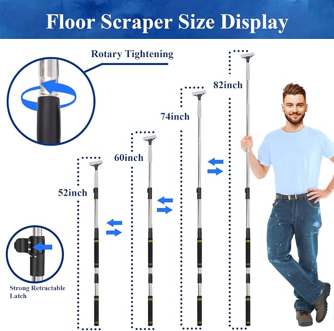 Floor Scraper Telescopic Pole, 38 to 82in Heavy Duty 4Inch Razor Blade Long - Image 2