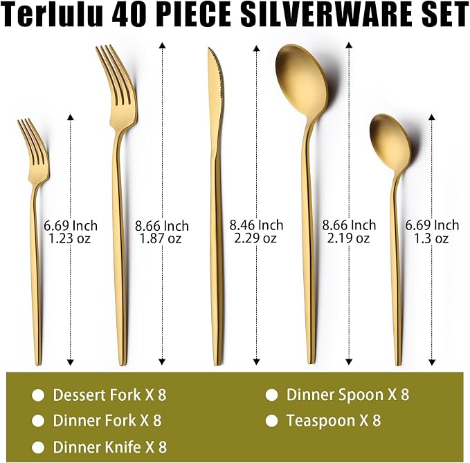 40 Piece Gold Silverware Set for 8, Terlulu Stainless Steel Flatware Set - Image 2