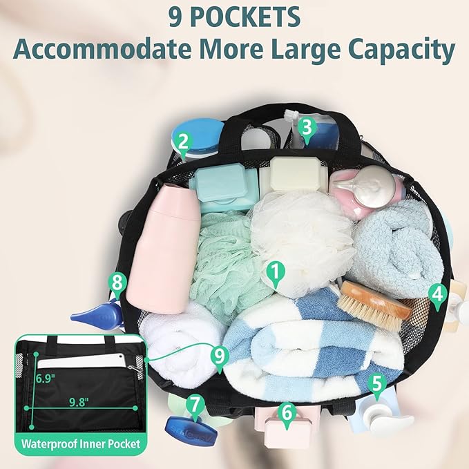 F-color Mesh Shower Caddy Portable, X Large 7 Deeper Pockets Shower Bag Basket - Image 4