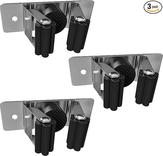 Self Adhesive Broom and Mop Holder Wall Mounted – SUS304 Stainless Steel 2-Slot by SAYONEYES