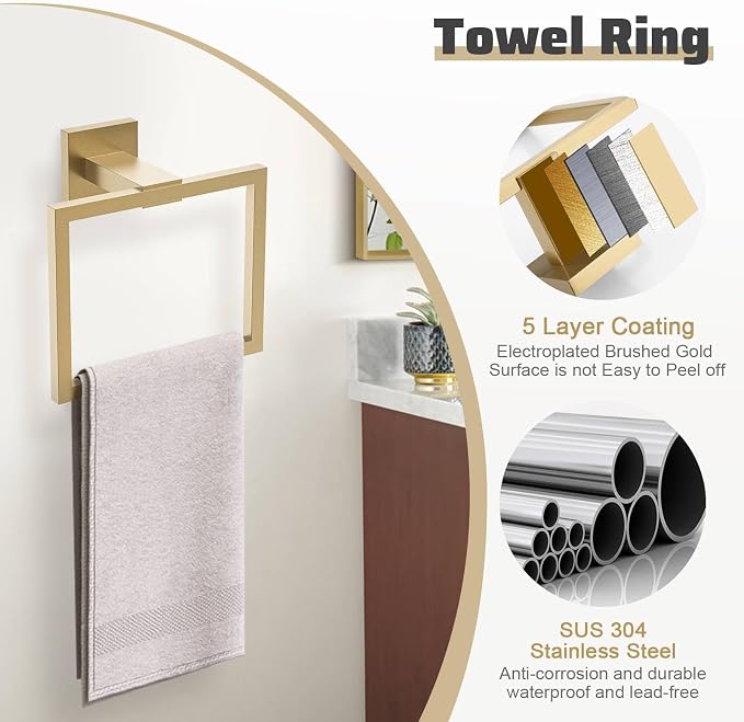 TNOMS 5-Piece Towel Bar Set Brushed Gold Bathroom Hardware Accessories Set - Image 4