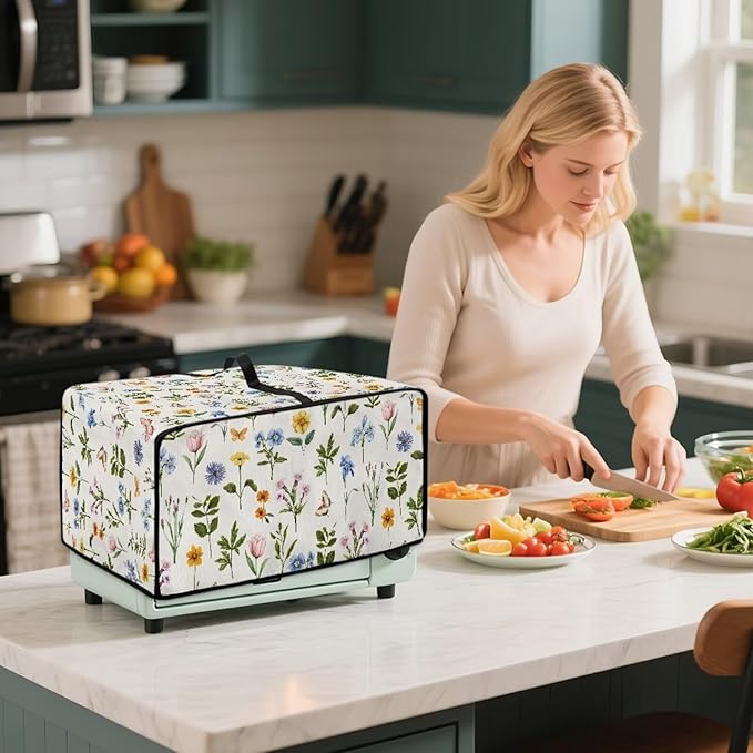 Toaster Oven Dust Cover with Side Pockets, Washable Convection Oven Cover Small Electric Appliance Protector for Kitchen Home Decor, L, Floral Butterfly Cream White