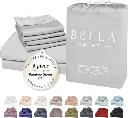 Bella Coterie 6 Piece Luxury Bamboo Viscose King Size Sheet Set | 100% Organically Grown | Cooling for Hot Sleepers | 18" Deep Pocket | Soft & Hypoallergenic | 4 Pillowcases [Grey Mist]