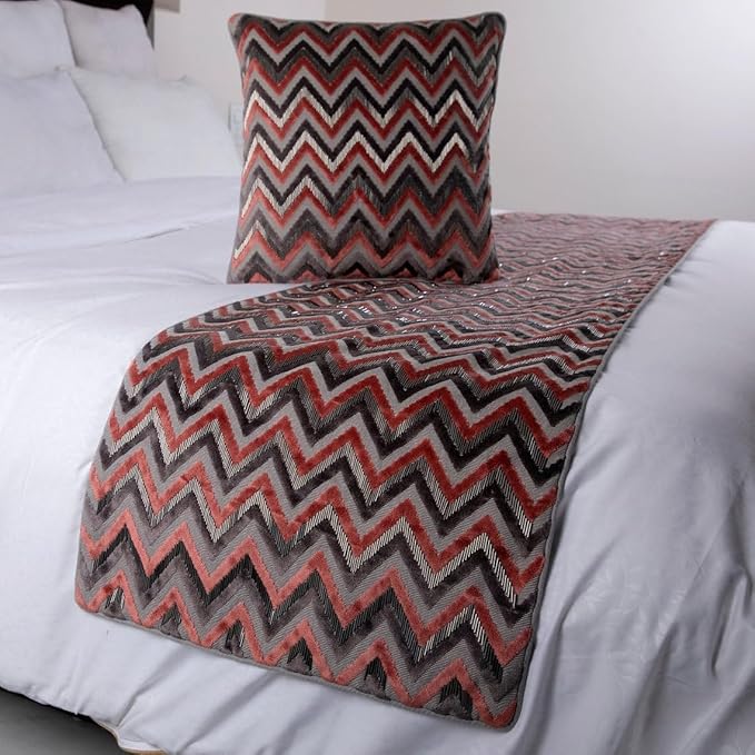 The HomeCentric Grey Bed Runner, Queen Size 74"x18" Decorative Bed Runner with 2 Matching Pillow Cover, Peach & Grey Velvet Bed Scarf in Bead Embroidery - Blushed Chevron
