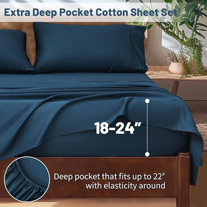 Extra Deep Pocket King Sheets 18-24 Inch 100% Egyptian Cotton 1000 Thread Count Sateen Weave Soft Breathable 4 Pieces（King，Navy）