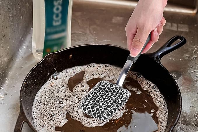 Cast Iron Scrubber Brush with Handle Cast Iron Cleaner Chainmail Scrubber + Pan - Image 2