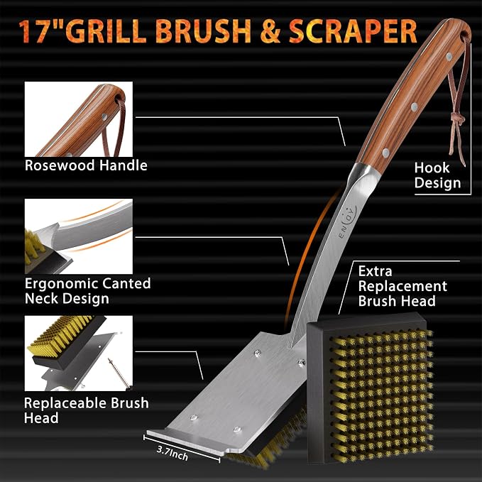 ENLOY Grill Brush and Scraper for Barbecue, Extended Rosewood Handle and 2 - Image 2