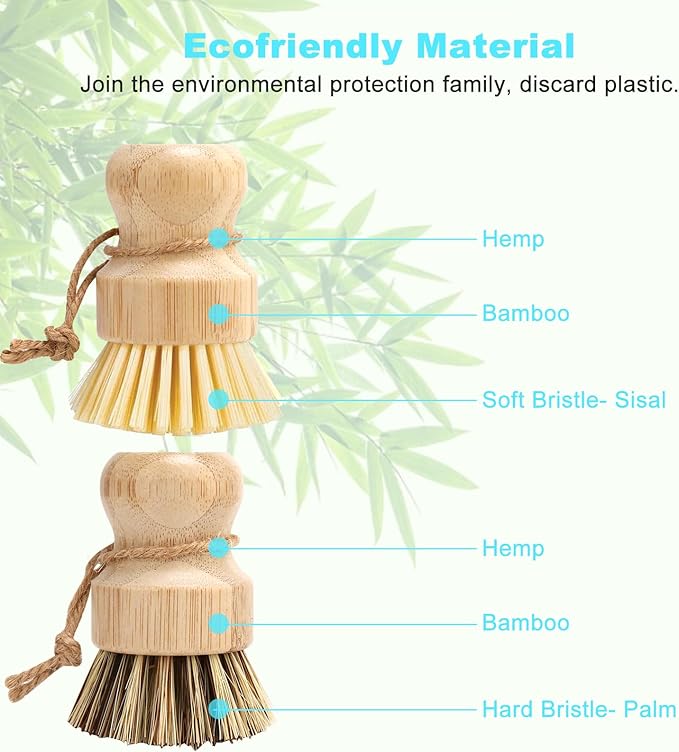 Bamboo Dish Brush Set, Dish Brushes, Durable Wood Dishes Scrub Brush, Natural - Image 3
