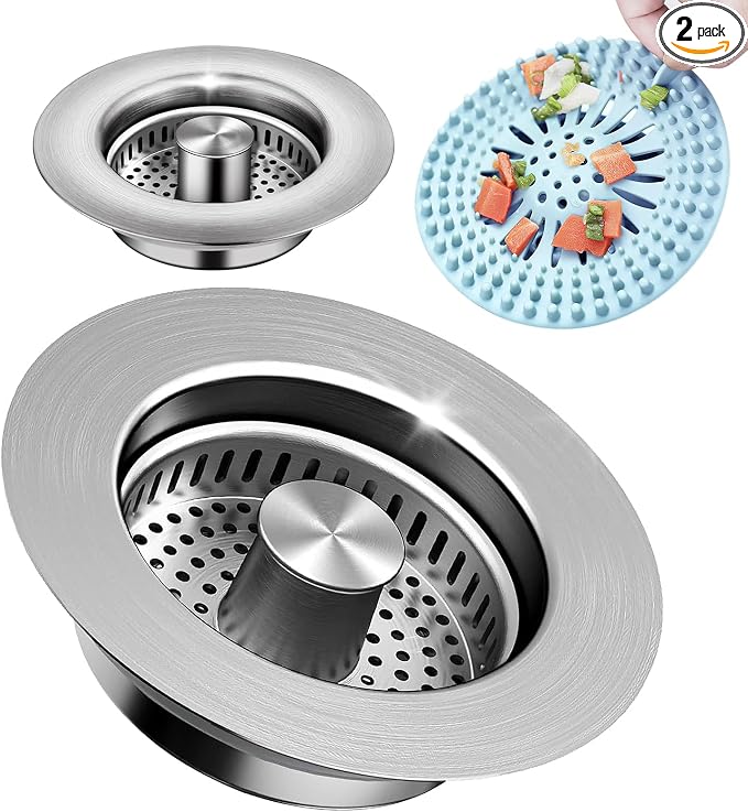 2 Pack – 3-in-1 Kitchen Sink Drain Strainer Stopper, 304 Stainless Steel Pop Up by PROFECTUS