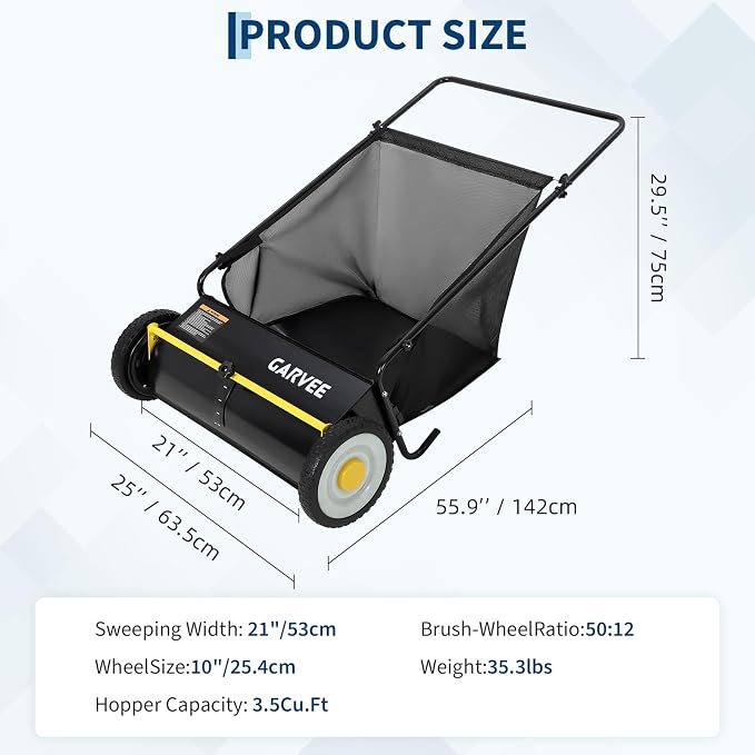 Garvee 21 Inch Push Lawn Sweeper, Leaf & Grass Collector, Strong Rubber Wheels - Image 6