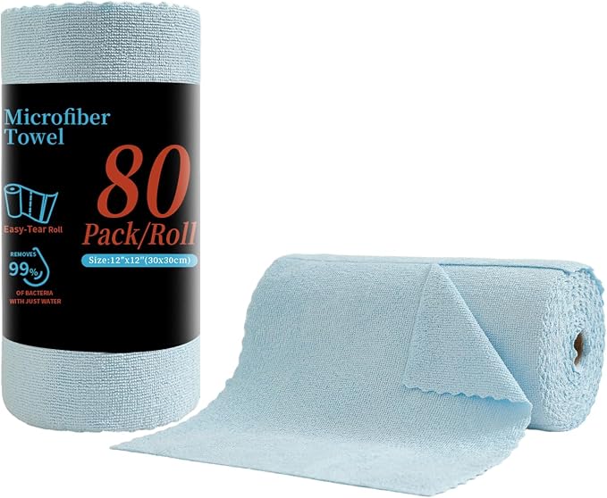 80 Pack Microfiber Cleaning Cloth Roll, Lint Free Rags & Tear Away Reusable by Tigona