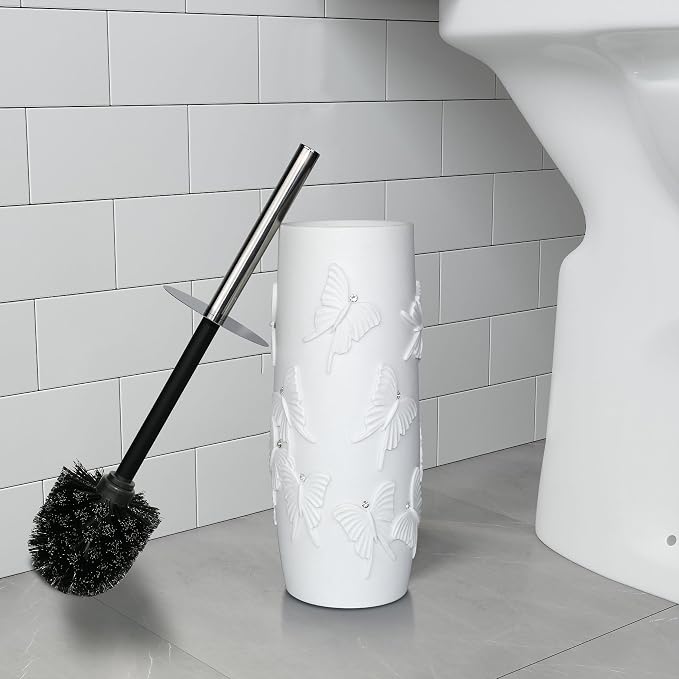 White Butterfly with Rhinestone Design Resin Toilet Holder and Brush Set - Image 6