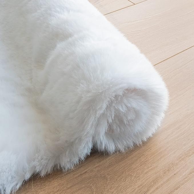 White Shag Round Rugs 8ft for Dining Room Table Faux Bunny Machine Washable Fur Area Rugs for Bedroom Living Room Nursery Circle Rug