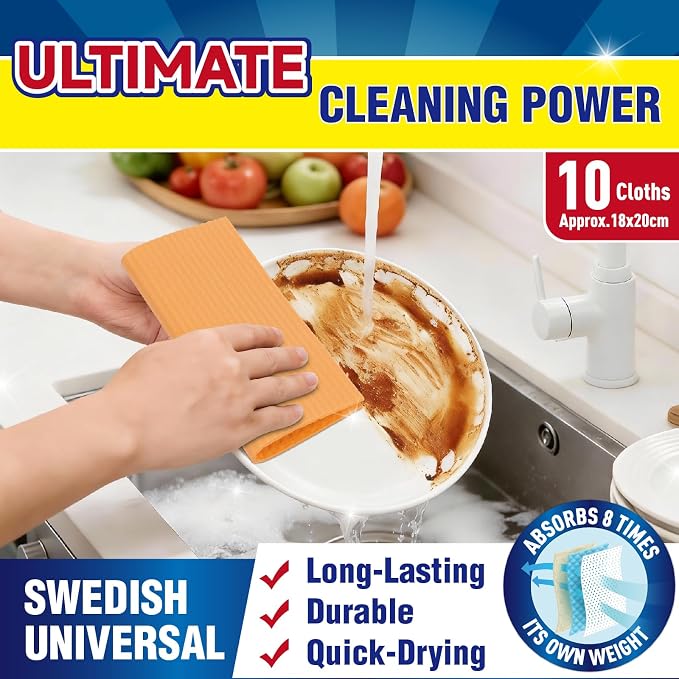 Swedish Dishcloths, 10 Pack, Ultra Absorbent Cellulose Kitchen Cloths, Reusable - Image 2