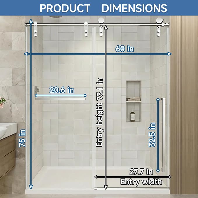 Frameless Sliding Shower Door for 56–60 in Wide Shower, Stainless Steel - Image 5