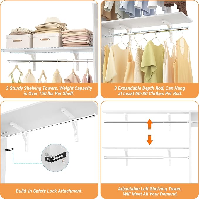 8FT Closet System with Shelves, Wall Mount Bedroom Wardrobe Walk-in Closet - Image 6