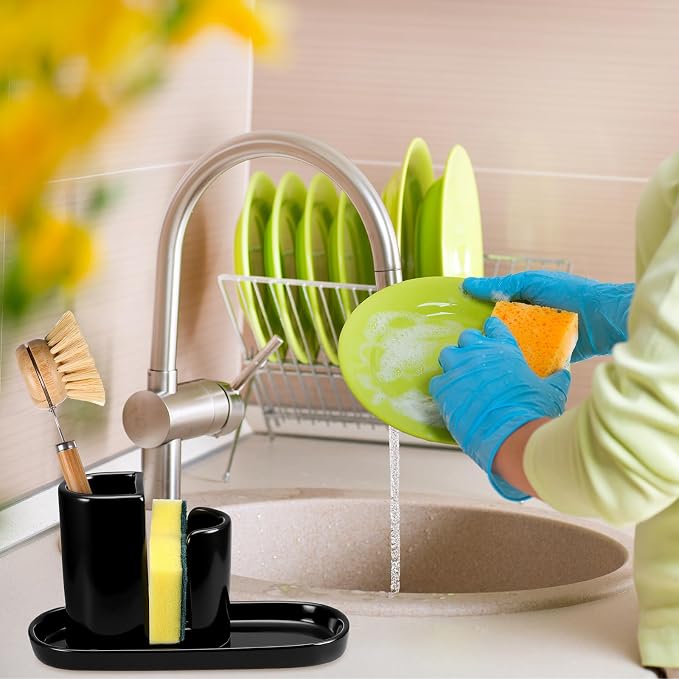 Geelin 3 in 1 Ceramic Kitchen Sink Caddy Dish Sponge Holder Scrub Brush Holder - Image 5