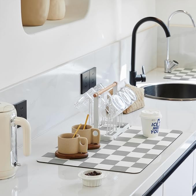 Checkered Dish Drying Mat for Kitchen Counter, Coffee Bar Station Accessories by Ohocut