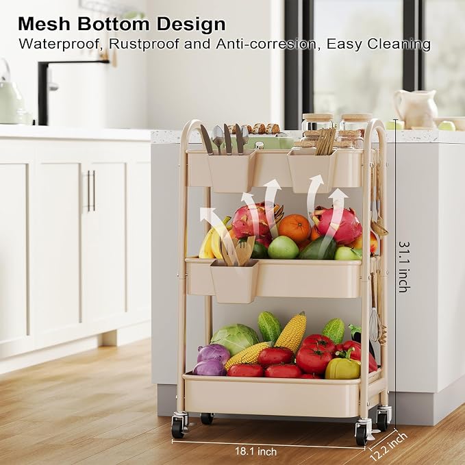 Beige 3 Tier Rolling Cart Metal on Wheels, Three Tiered Storage Organizer - Image 3