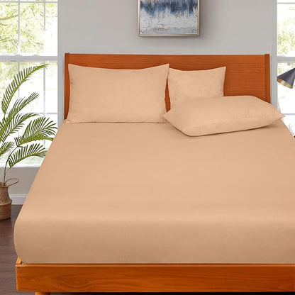 ROYALE LINENS 300 Thread Count 100% Long Staple Combed Cotton Fitted Sheet Queen - Super Soft Deep Pocket Bottom Sheet - Fitted Sheets Only - Elastic Sheets (Queen, Sand)