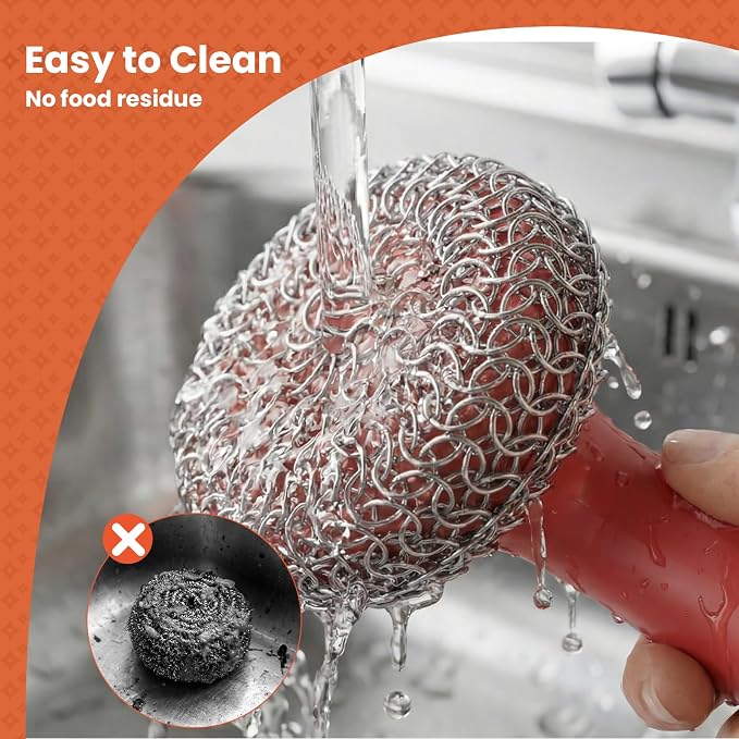 Cast Iron Scrubber with Long Handle | 316 Cast Iron Cleaner Chainmail Scrubber - Image 6