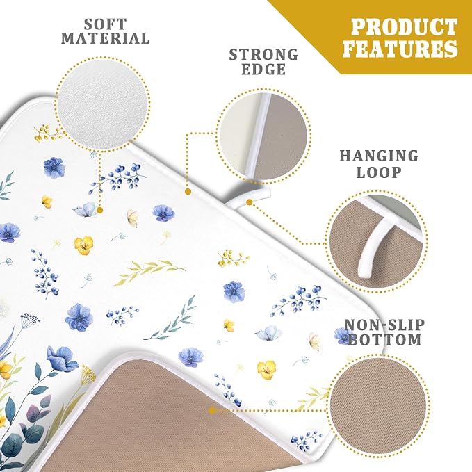 Floral Dish Drying Mat for Kitchen Counter 18x16 Inch Yellow Purple Flower - Image 3