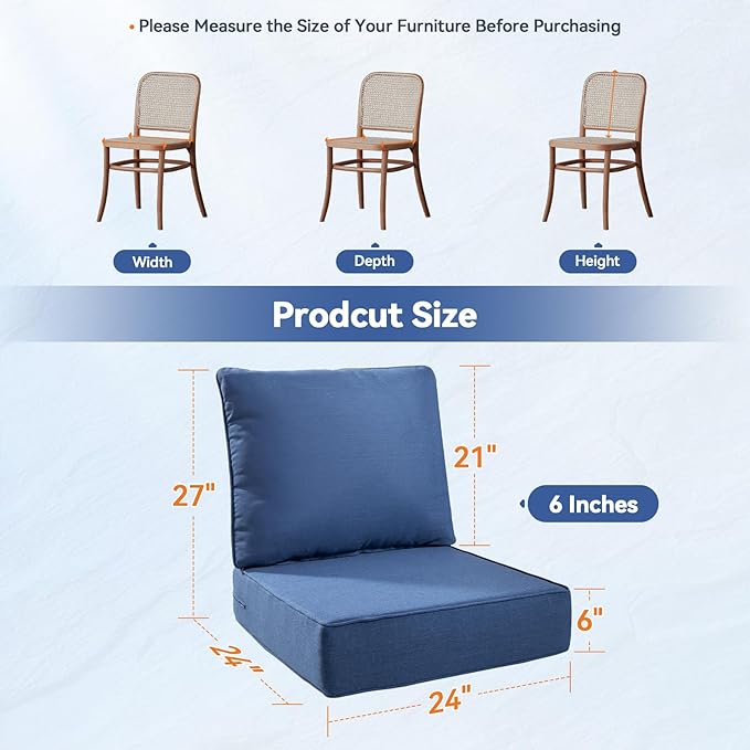 Luxury 6" Outdoor Cushions for Patio Furniture, 24x24x6" Thick Seat Cushion Set of 2, Fade Resistant Couch Chair Replacement Cushions High Density Deep Wicker Chair Cushion w/ Removable Cover, Blue