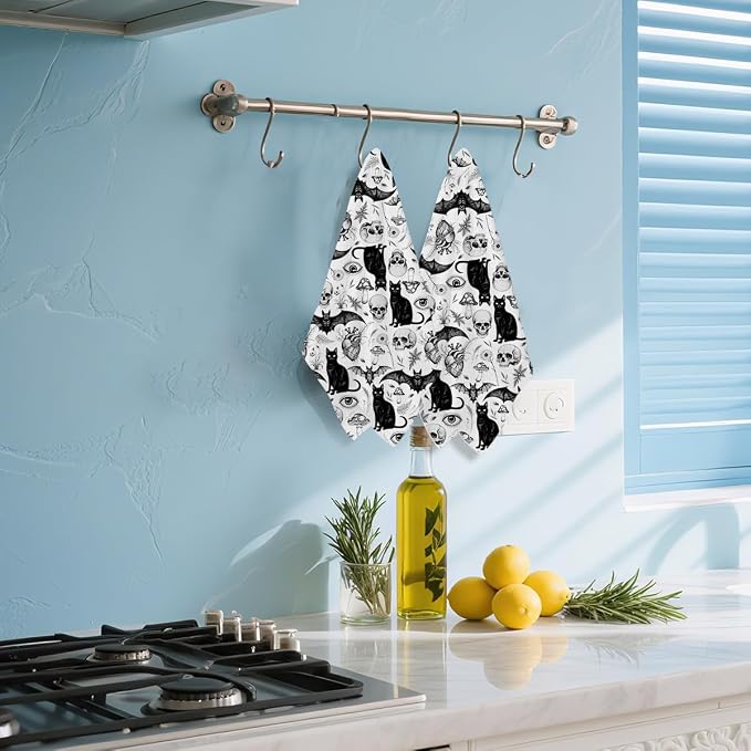 2Pcs Skeleton Cat Kitchen Towels, Mushroom Durable Microfiber Tea Towels - Image 5
