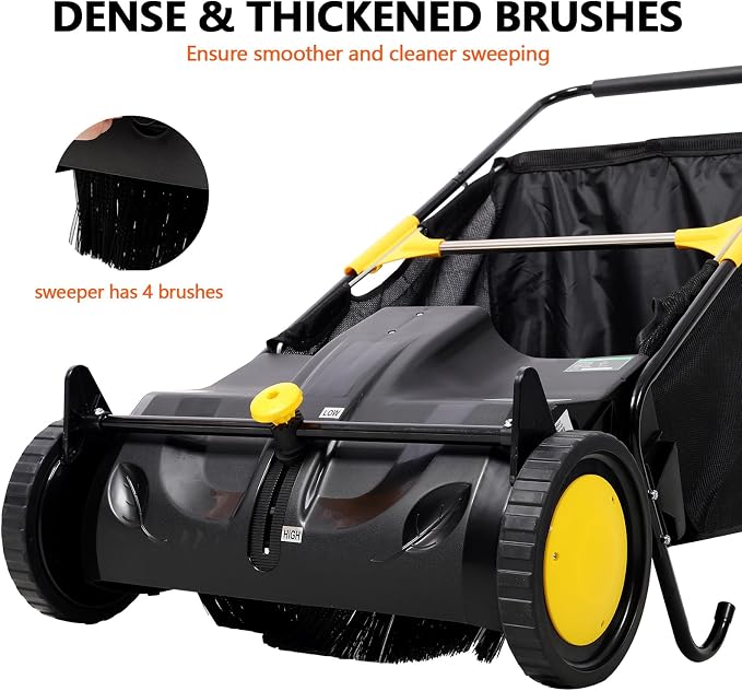 21" Hand-Push Lawn Sweeper | 4 Heavy-Duty Brushes & Wheels, Adjustable Height - Image 5