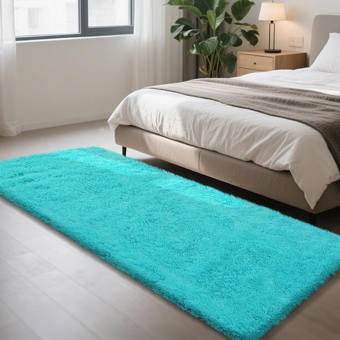 Teal Blue Rug Fluffy Rugs, 3x7 Teal Area Rugs for Bedroom, Soft Cute Baby Play Mat, Indoor Floor Carpet for Teen, Nursery, Preppy Dorm, Plush Aesthetic Bedside Rug