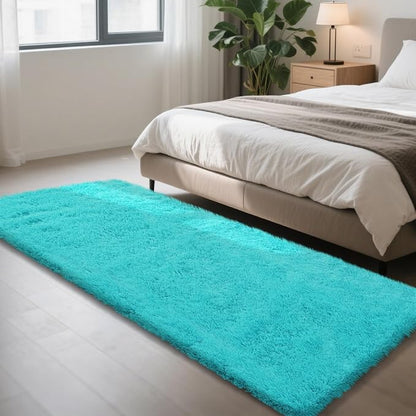 Teal Blue Rug Fluffy Rugs, 3x7 Teal Area Rugs for Bedroom, Soft Cute Baby Play Mat, Indoor Floor Carpet for Teen, Nursery, Preppy Dorm, Plush Aesthetic Bedside Rug