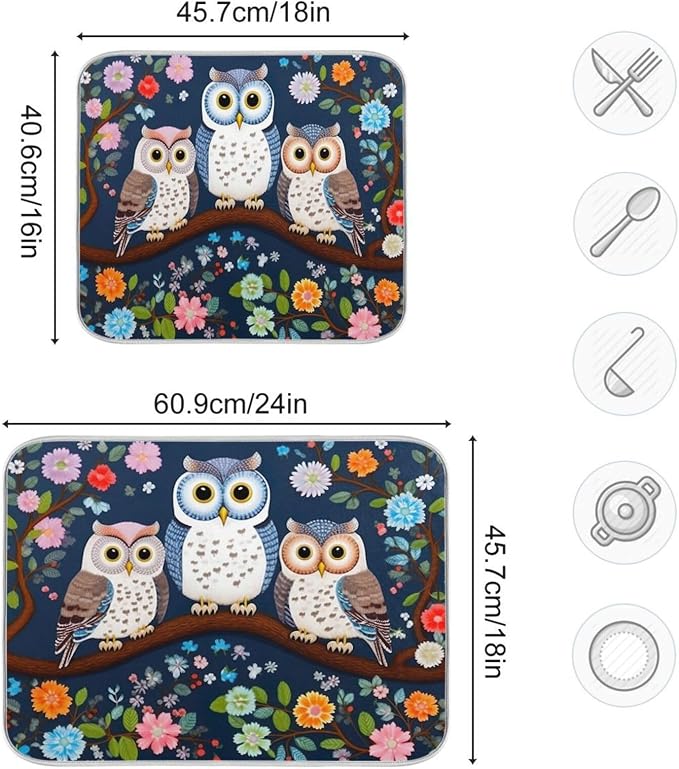 Dish Drying Mat Kitchen Counter Absorbent Three Owls Coffee Sink Mat Dish - Image 3