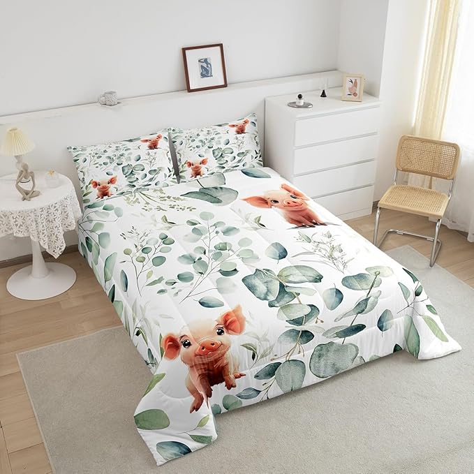 Erosebridal Kawaii Pig Bedding Full Size for Boys Girls Cartoon Animal Comforter Set Full, Eucalyptus Leaves Duvet Insert Farm Wildlife Quilt Comforter, Tropical Plants Bedding Comforters & Sets