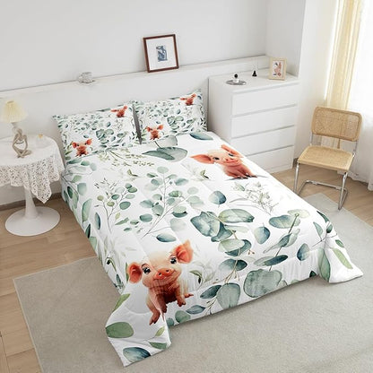 Erosebridal Kawaii Pig Bedding Full Size for Boys Girls Cartoon Animal Comforter Set Full, Eucalyptus Leaves Duvet Insert Farm Wildlife Quilt Comforter, Tropical Plants Bedding Comforters & Sets