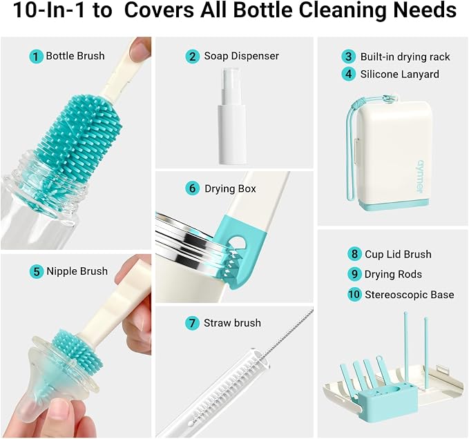 Baby Bottle Brush Cleaner Set - 10 in 1 Travel Bottle Cleaning Brush Kit - Image 2